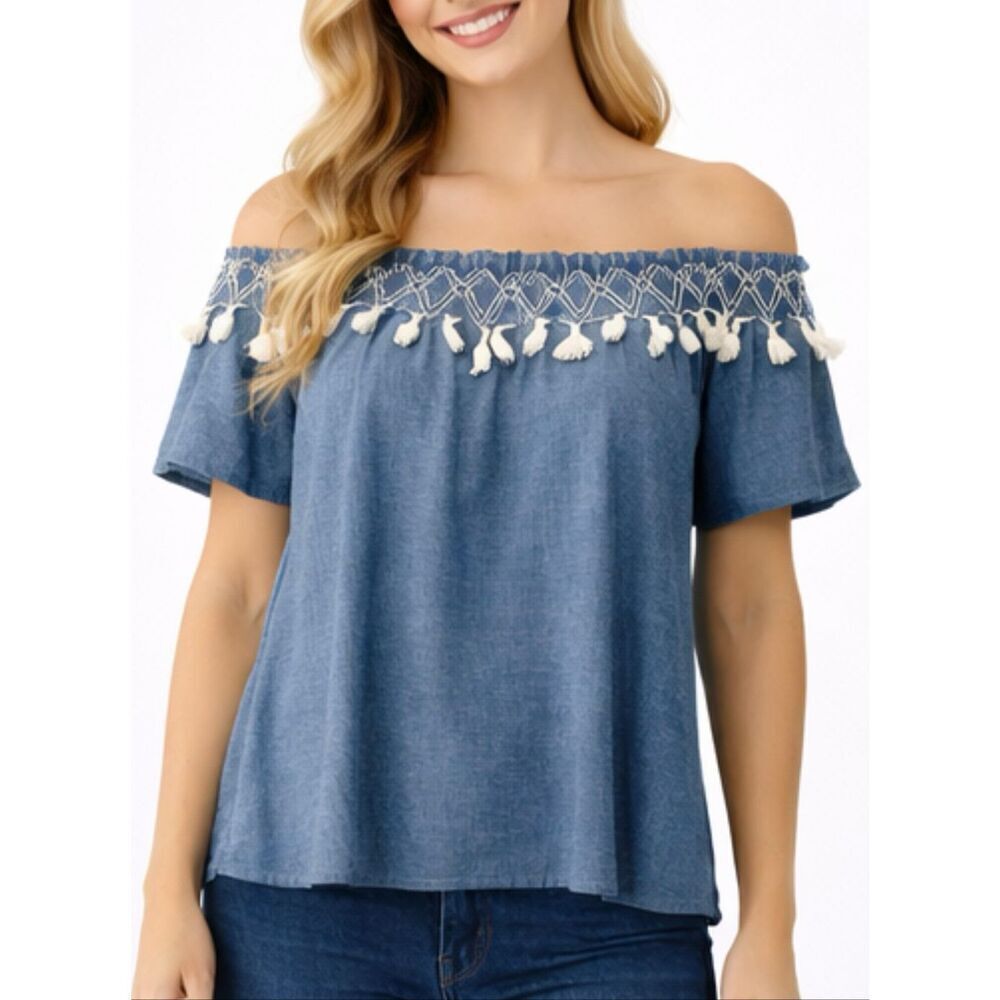 Paper Crane blue tassel off shoulder blouse M